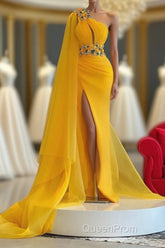 Long Mermaid One Shoulder Beading Tulle Evening Prom Dresses with Slit