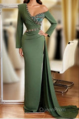 Long Mermaid One Shoulder Front Slit Evening Prom Dresses With Sleeves
