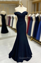 Long Mermaid Evening Prom Dresses Navy Blue Off-the-shoulder Sweetheart Sleeveless
