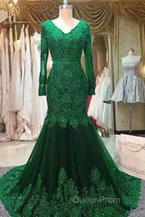 Long Mermaid Sequin Beaded Green Evening Prom Dresses With Sleeves Lace Evening Dresses