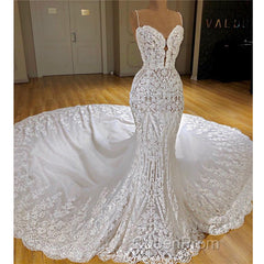 Long Mermaid Spaghetti Straps Appliques Lace Wedding Dresses With Cathedral Train