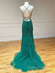 Long Mermaid Strapless Tulle Open Back Lace Formal Evening Prom Dresses