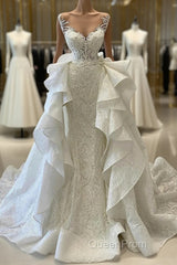 Long Mermaid Sweetheart Appliques Lace Wedding Dresses With Detachable Train