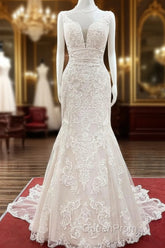 Long Mermaid Tulle Sleeveless Lace Backless Wedding Dresses