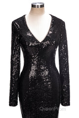 Long Mermaid V-Neck Black Sequins Evening Prom Dresses with Sleeves