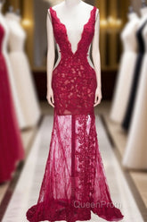 Long Mermaid V-neck Lace Appliques Evening Prom Dresses with Slit