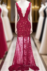 Long Mermaid V-neck Lace Appliques Evening Prom Dresses with Slit