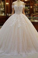 Long Off the Shoulder Sweetheart Ball Gown Sequin Appliques Lace Wedding Dresses