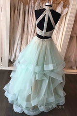 Long Open Back Mint Two Piece High Neck Organza Evening Prom Dresses