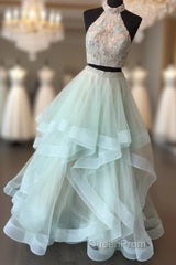 Long Open Back Mint Two Piece High Neck Organza Evening Prom Dresses