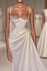 Long Pleated Satin Evening Dresses White Mermaid Evening Prom Dresses