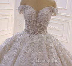 Long Princess Sweetheart Off-the-Shoulder Backless Appliques Lace Ruffles Tulle Wedding Dresses