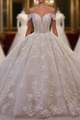 Long Princess Sweetheart Off-the-Shoulder Backless Appliques Lace Ruffles Tulle Wedding Dresses