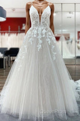 Long Princess Tulle V Neck Sequins Lace Appliques Wedding Dresses
