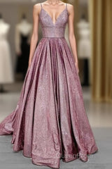 Long Evening Prom Dresses Glitter V Neck With Pockets