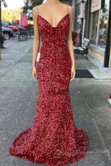 Long Evening Prom Dresses Red Sequins Beaded Mermaid Evening Dresses Straps