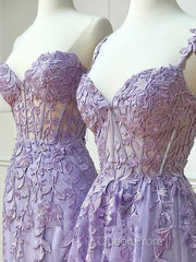Long Purple Lace Evening Prom Dresses,Unique A Line Formal Evening Dresses