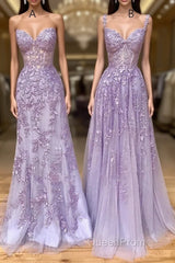 Long Purple Lace Evening Prom Dresses,Unique A Line Formal Evening Dresses
