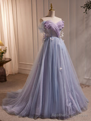 Long Purple Tulle Prom Dresses, Long Purple Tulle Formal Evening Dresses