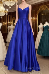 Long Royal Blue V Neck Evening Prom Dresses Spaghetti Strap