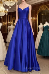 Long Royal Blue V Neck Evening Prom Dresses Spaghetti Strap