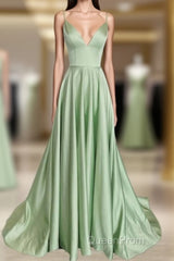 Long Sage Green V Neck Satin Dresses