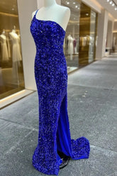 Long Sequin Evening Prom Dresses Royal Blue Formal Dresses One-Shoulder