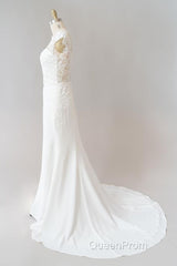 Long Sheath Illusion Lace Wedding Dresses with Cap Sleeve