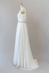 Long Sheath V-neck Lace Chiffon Wedding Dresses with Cap Sleeves
