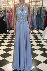 Long Silver Chiffon Evening Prom Dresses Halter Evening Gowns New Arrival
