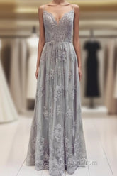 Long Silver Tulle Bridesmaid Dresses Lace Appliques