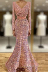 Long Sleeve Pink Mermaid Sequin Evening Prom Dresses