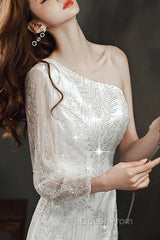 Long Sleeve Sequin Champagne Evening Prom Dresses