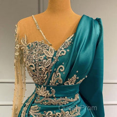 Long Sleeve Sheer Beading Ruched Satin Green Trumpet Mermaid Evening Prom Dresses