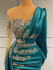 Long Sleeve Sheer Beading Ruched Satin Green Trumpet Mermaid Evening Prom Dresses