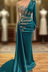 Long Sleeve Sheer Beading Ruched Satin Green Trumpet Mermaid Evening Prom Dresses