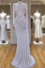 Long Sleeve White Sequin Pleated Long Evening Prom Dresses