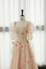 Long Sleeves Champagne Lace Floral Long Evening Prom Dresses, Long Sleeves Champagne Lace Floral Formal Evening Dresses