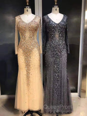 Long Sleeves Mermaid Crystals Evening Prom Dresses Bling Bling Evening Gown