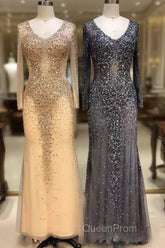Long Sleeves Mermaid Crystals Evening Prom Dresses Bling Bling Evening Gown
