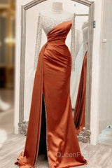 Long Sleeves Evening Prom Dresses Mermaid Satin Split