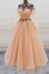 Long Sleeves Evening Prom Dresses Princess Tulle Beaded