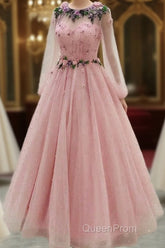 Long Sleeves Evening Prom Dresses Princess Tulle Beaded
