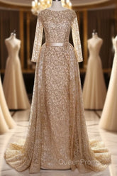 Long Sleeves Sequin Gold Mermaid Evening Prom Dresses
