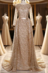 Long Sleeves Sequin Gold Mermaid Evening Prom Dresses
