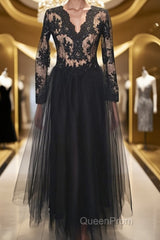 Long Sleeves V Neck Black Lace Long Evening Prom Dresses, Long Sleeves Black Formal Dresses, Black Lace Evening Dresses