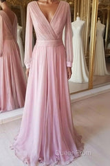 Long Sleeves V Neck Pink Chiffon Long Evening Prom Dresses, Long Sleeves Pink Bridesmaid Dresses, Pink Formal Evening Dresses