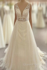 Long Sweetheart A-Line Tulle Appliques Lace Wedding Dresses