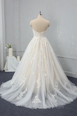 Long Sweetheart Backless Appliques Lace Tulle A-Line Wedding Dresses