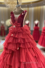 Long Tulle Red Evening Prom Dresses